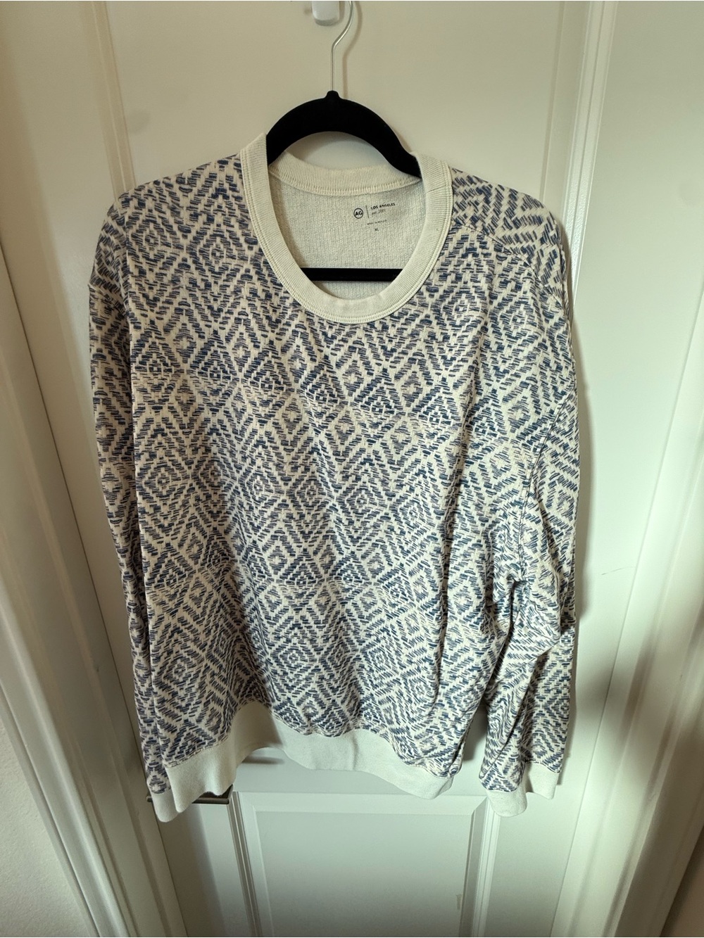 Ag Adriano Goldschmied Cream and Blue Geometric Crewneck Sweater